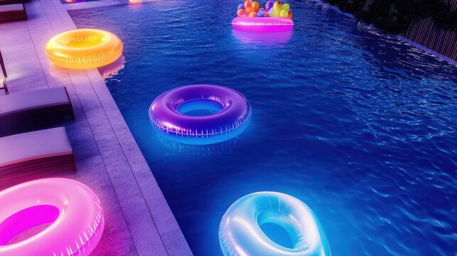 Colorful inflatable rings floating in a vibrant pool at night with festive lights