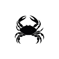 A black and white vector silhouette of a crab with raised claws and a rounded shell on a white background