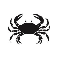A black and white vector silhouette of a side-view crab walking with legs extended and claws open on a white background