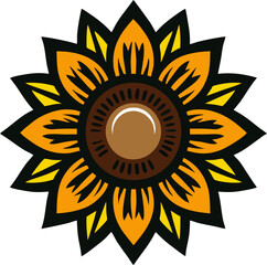 Vibrant Sunflower with Warm Tones, This lively sunflower design features a mix of warm orange and yellow petals with sharp black outlines. The center of the flower is a rich brown