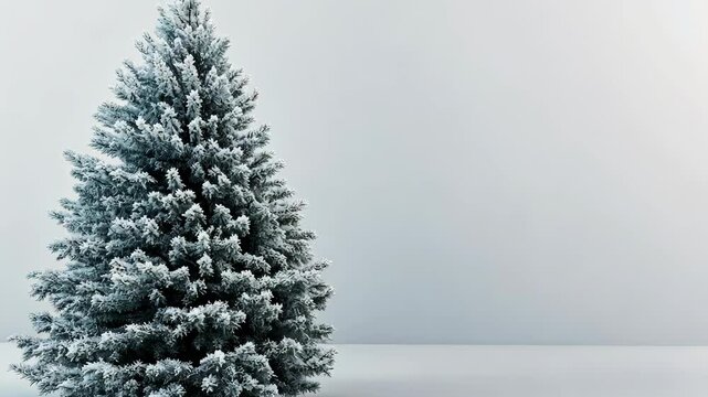 Elegant frosted fir tree in a minimalist studio setting creating a pristine winter holiday background with copy space for festive designs