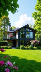 Large windows of modern house facing a beautiful green lawn with trees and flowers surrounding it, natural surroundings, green lawn