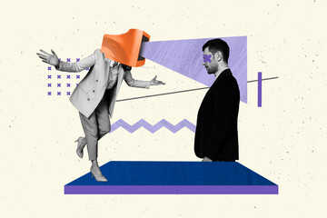 Creative full artwork collage of two girl guy stand together business partners beam influence...