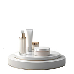 Round White Cosmetic Display Pedestal with Assorted Beauty Products
