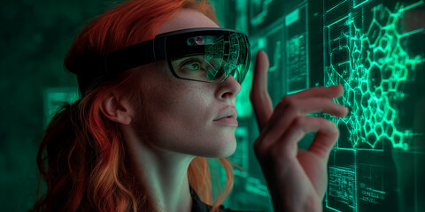 Woman with red hair uses augmented reality glasses, interacting with a holographic green interface showcasing data visualization, representing technological advancement and innovation in data analysis