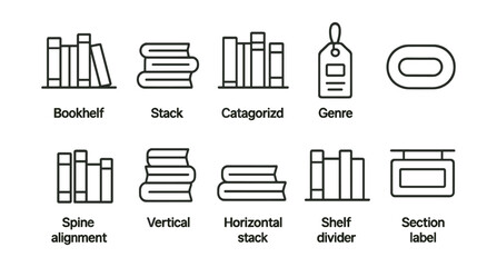 Library organization icons set: categorizing, stacking, and labeling in 3d style