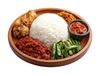 Delicious Nigerian cuisine featuring rice, vegetables, and meat dish, cut out