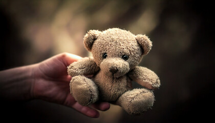 Close-up of a child’s hand holding a teddy bear, symbolizing sadness, loneliness and lost childhood, soft dramatic light, emotional concept for World Day Against Child Labour