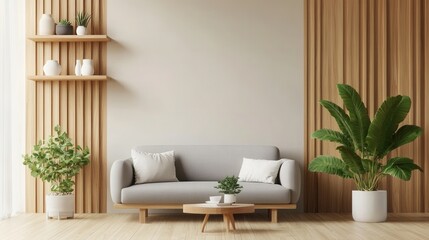 Minimalist living room with a light gray sofa, wood paneling, and lush green plants. Warm, inviting, and modern interior design