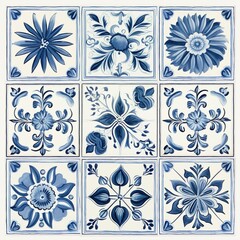 Set of square ceramic tiles features stylized blue flowers and leaves with decorative corner ornaments, creating a classic and elegant pattern