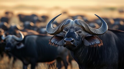 Naklejka premium African buffalo herd grazing in golden grasslands during sunset near a waterhole in the savanna