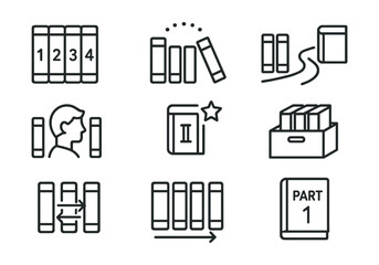 Library and book organization icons set: linear style for digital libraries and education