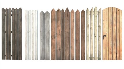 Obraz premium Wooden Fence Panels in Various Styles on White Isolated Background