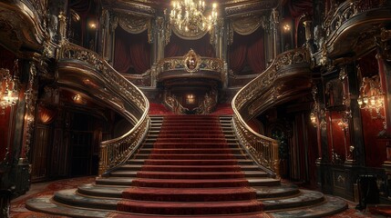 Obraz premium grand staircase in an antique theater, velvet carpets, brass railings, chandeliers above, faded glamour and dramatic mood 