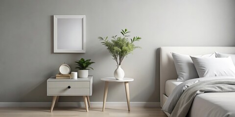 Simple bedroom with minimalist decor features a small mirror and vase on nightstand in soft gray and white color palette, minimalist hotel room, small vase