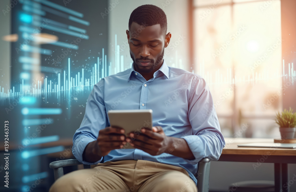 Poster black man in office analyzing data on tablet. digital overlay, futuristic technology, data analysis 