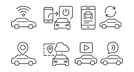 Modern car connectivity and control icons set in linear style