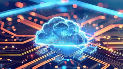 Illustration Of A Cloud Floating Above A Circuit Board, Symbolizing Cloud Computing, Data Storage, And Technological Innovation In Digital Connectivity.