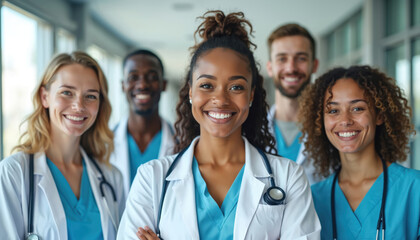 Diverse group of young medical professionals in hospital smiling. Happy team doctors, nurses in white coats and scrubs looking at camera, showing collaboration. Healthcare, medicine, staff, manpower.