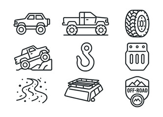 Off-road vehicle icon set: 9 linear designs for adventure enthusiasts