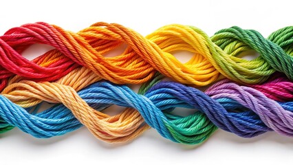 Multi-colored yarns intertwined to form a rope symbolizing harmony and unity, togetherness, mesh,  togetherness, mesh, cord