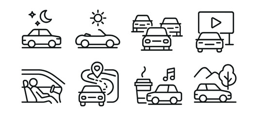 Linear car travel icons set: roads, direction, and entertainment