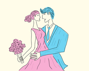Stylized hand-drawn illustration of a romantic couple embracing, with the woman holding a bouquet of flowers