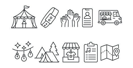 Linear festival icon set: tent, bandage, hands, id, food truck, lights