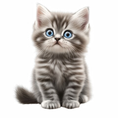 Obraz premium Realistic illustration of a fluffy gray tabby kitten with blue eyes sitting calmly isolated on transparent background