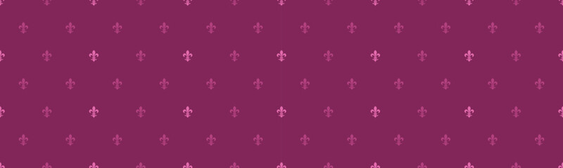 Subtle yet elegant repeating pattern of stylized fleurdelis in varying shades of pink on a deep maroon background. Perfect for website backgrounds, textile design, or stationery.