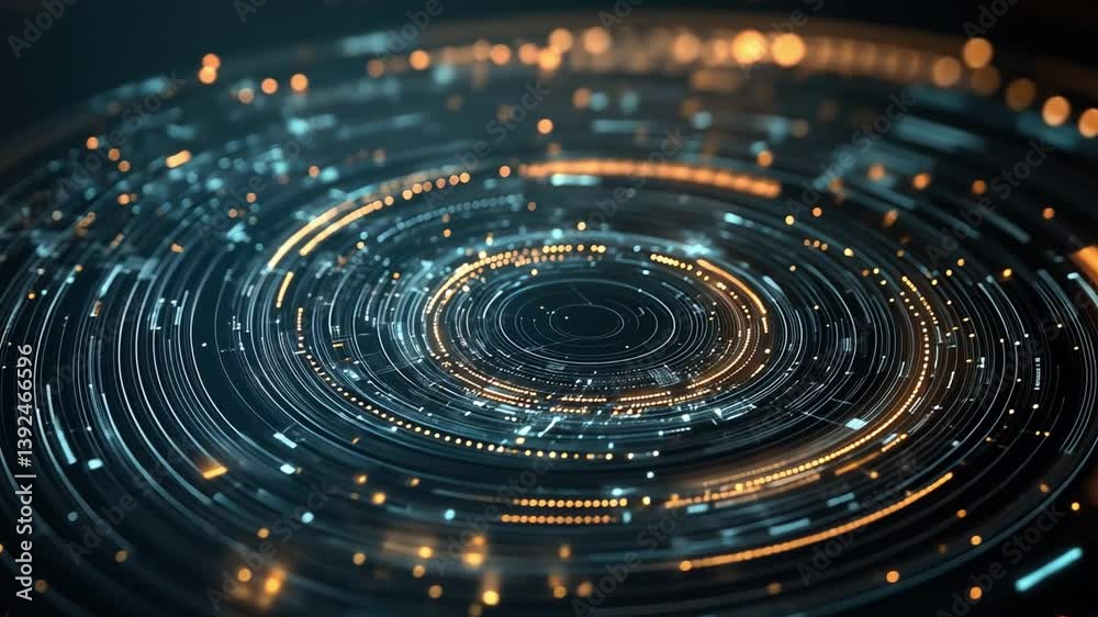 Poster abstract glowing circular pattern with lights and particles in a dark space, representing technology