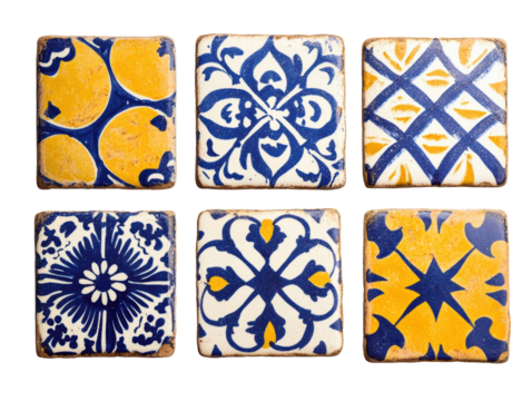 Colorful ceramic tiles with traditional patterns for home decor, cut out