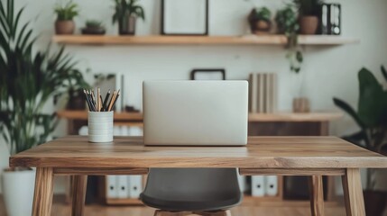 Bright work space with laptop and pencils on wooden table cozy home office background for focus
