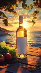 White wine bottle with blank label at sunset on beach