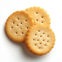 Close up shot of three round crackers stacked isolated on white background