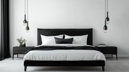 Elegant black and white bedroom interior with modern lamps minimalist design cozy bed calm atmosphere refined style