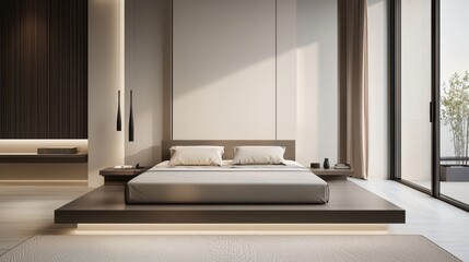 Fototapeta premium Modern and Minimalist Bedroom Interior Design with Soft Lighting and Elegant Wooden Platform Bed Style