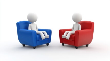 Two white figures sit in opposing red and blue armchairs, suggesting a conversation or confrontation on a white background