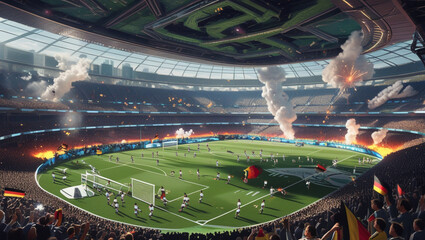 Image of a soccer stadium with players on the field and smoke billowing from the stand