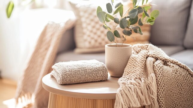 Serene interior with a cozy blanket on a round table in a soft sunny light setting