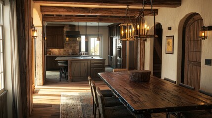 Charming Rustic Home Interior with Open Concept Kitchen Warm Lighting and Reclaimed Wood Accents creating a Relaxing Ambiance