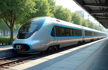 Naklejka premium Futuristic hydrogen fuel cell train concept. Zero-emission transport uses renewable energy, reducing pollution, promoting sustainability. Modern eco-friendly railway tech, future transport,