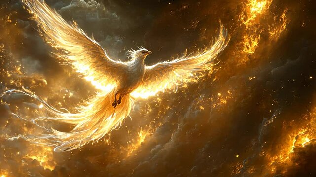 Mythical fiery phoenix soaring through dark skies, fantasy concept with glowing embers and dramatic light effects, digital artwork illustration