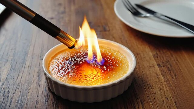 Flaming a creme brulee.