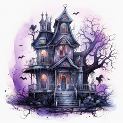 Watercolor Haunted House, clipart Illustration, Generative Ai