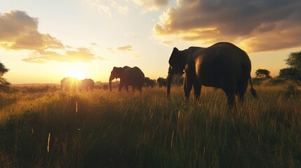 African Elephants Silhouette Walking Across Golden Savanna at Sunset