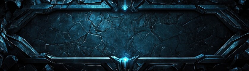 Dark stone plaque framed by glowing ornate metal, detailed cracked texture background