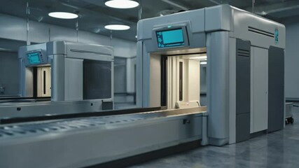 X-ray scanner at airport security checkpoint. - Powered by Adobe