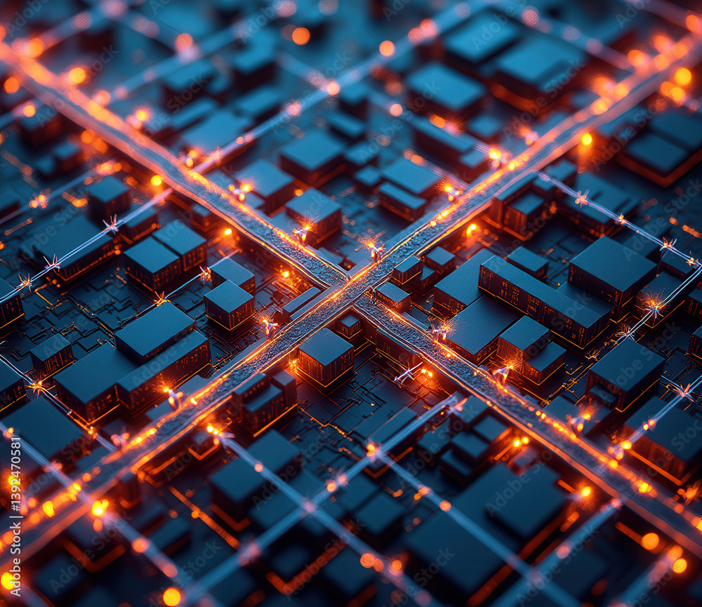 Leinwandbilder abstract digital cityscape with illuminated grid patterns and geometric shapes.
