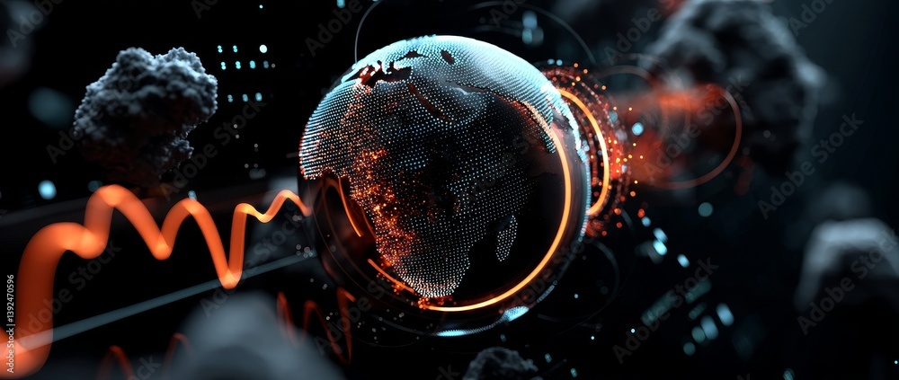 Poster an image of a planet created using computer technology, representing a concept of futuristic advance